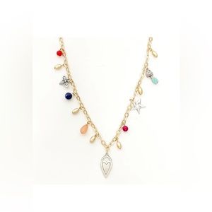 Chico's Long Bees Charm NWOT Gold/Silver Tone Heart Multi Color Beads Necklace